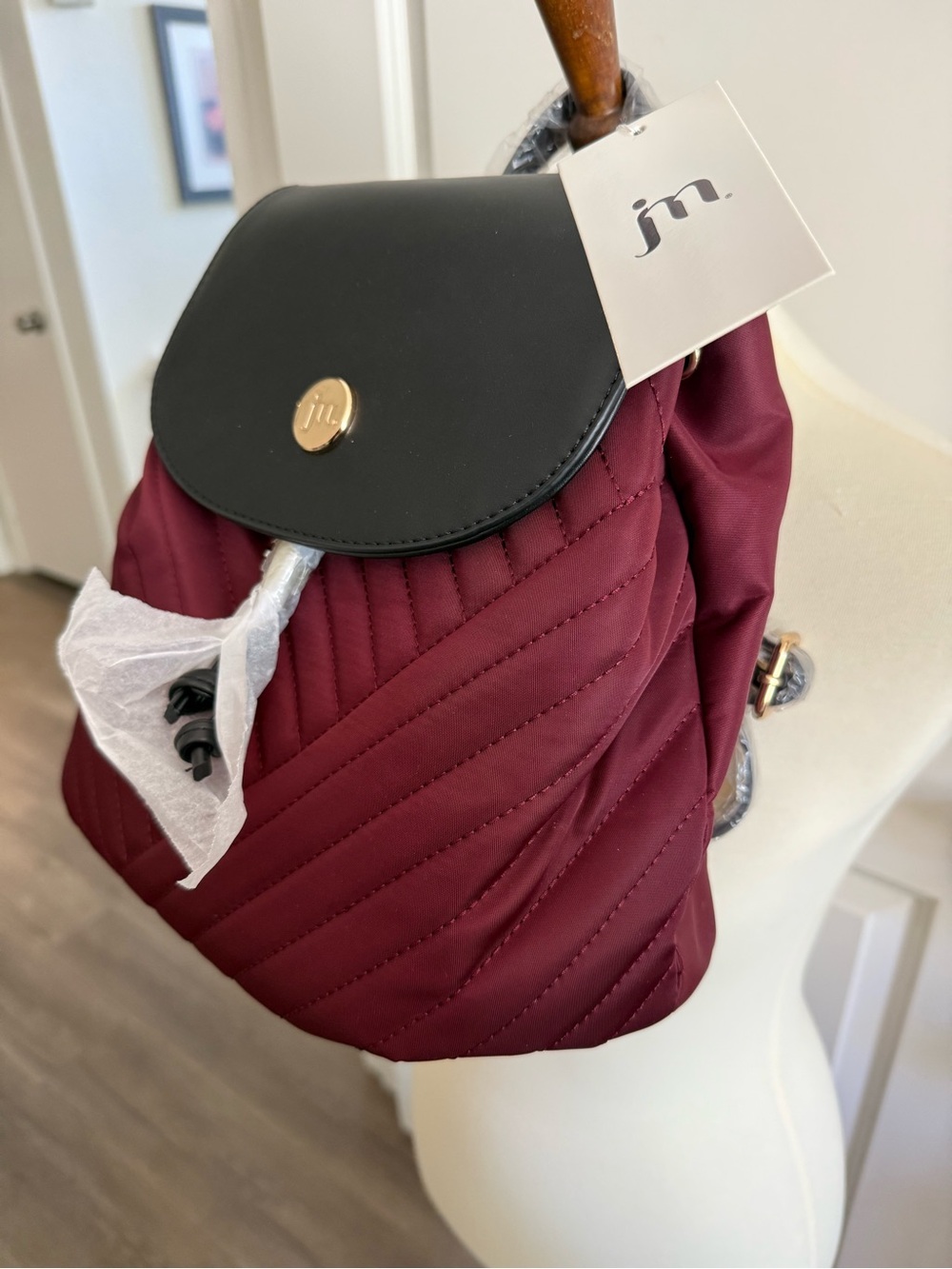 jm Quilted Burgundy Backpack with Black Flap